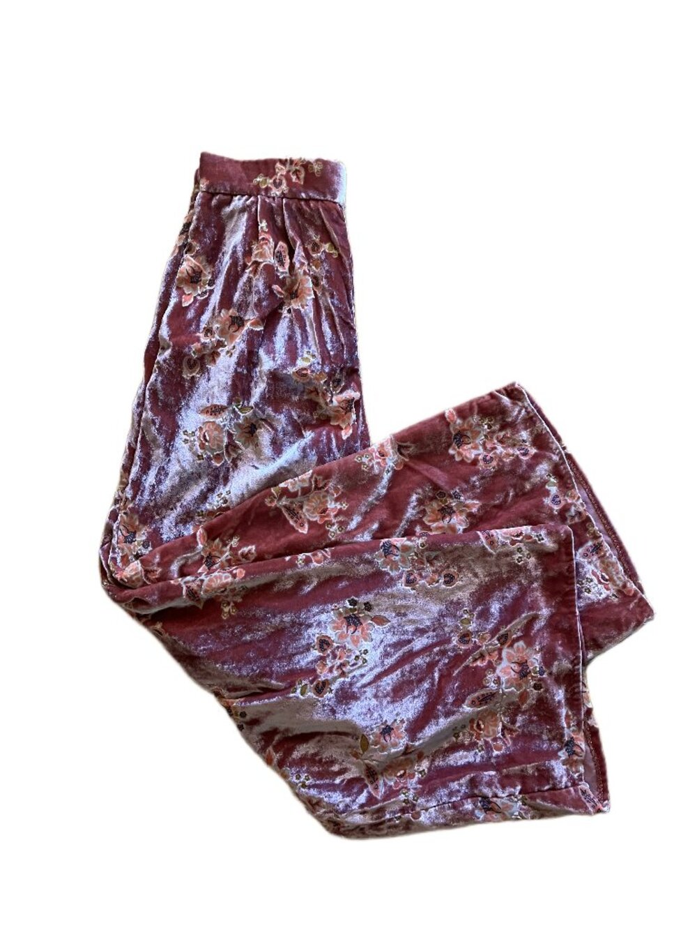 Floral Crushed Velvet Wide Leg Pants Mauve Pink Size Small
